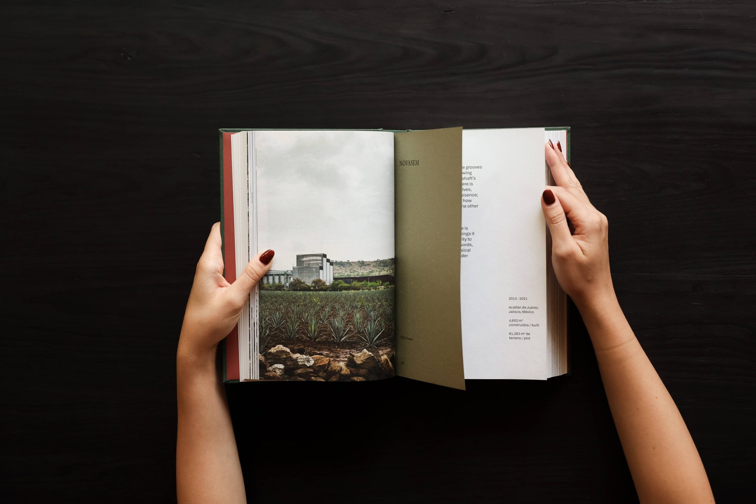 Hands flip through a book featuring architectural images