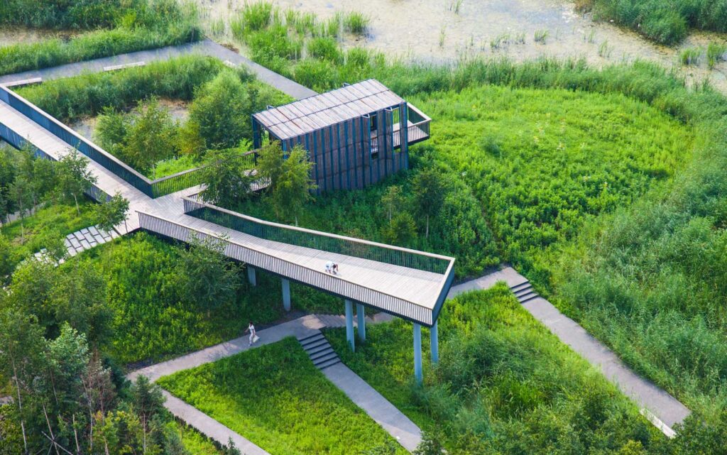A photograph of a raised pavilion at the Qunli Stormwater Park.