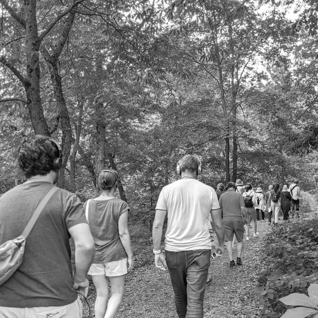 A group of people, some wearing headphones, walk through a forest.