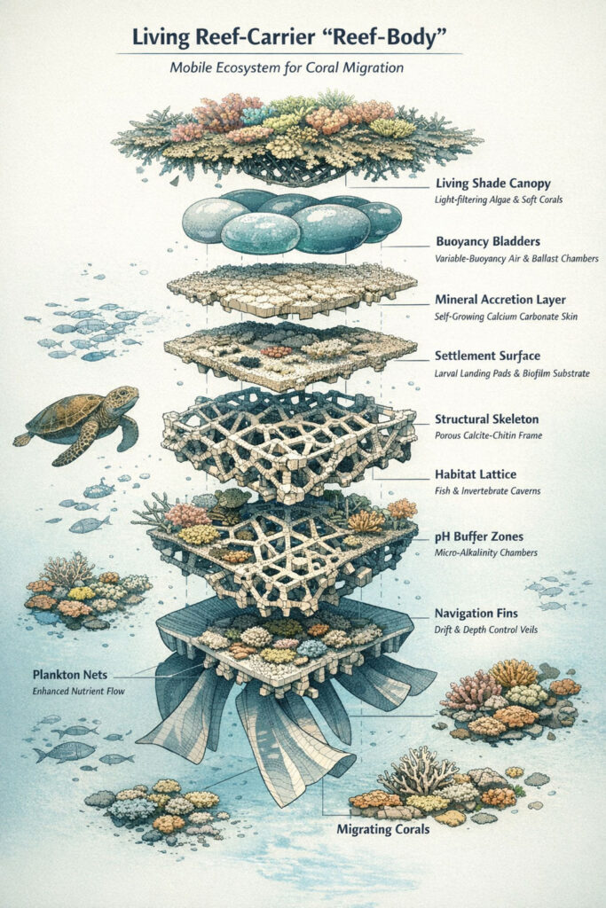 A layered reef with sea creatures and coral.