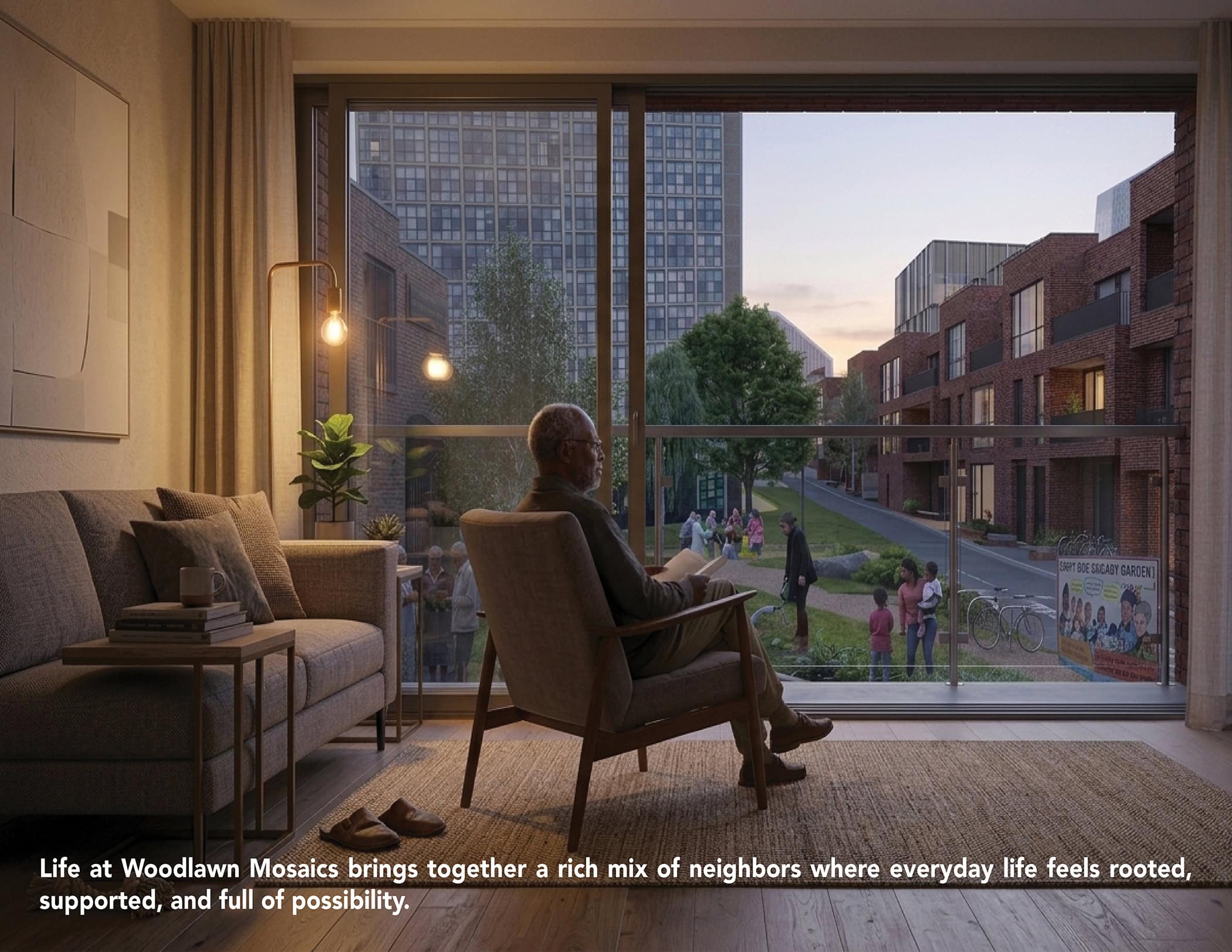 A person sits in a cozy living room, looking out at a neighborhood scene through a large window. Outside, several people are gathered on a grassy area next to a modern apartment building. A sign reads "Woodlawn Mosaics." The setting appears serene and community-oriented.