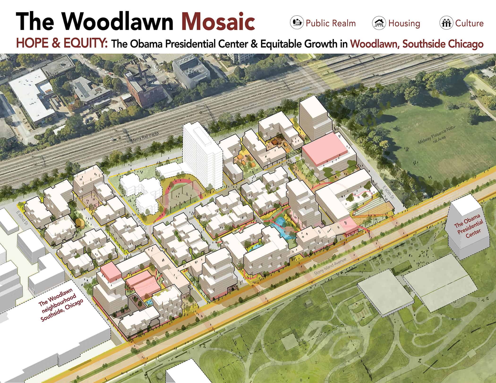 Aerial illustration of a proposed development called "The Woodlawn Mosaic" in Southside Chicago. The area includes pathways, greenery, and multiple buildings designated for public realm, housing, and culture. The Obama Presidential Center is labeled and situated prominently.