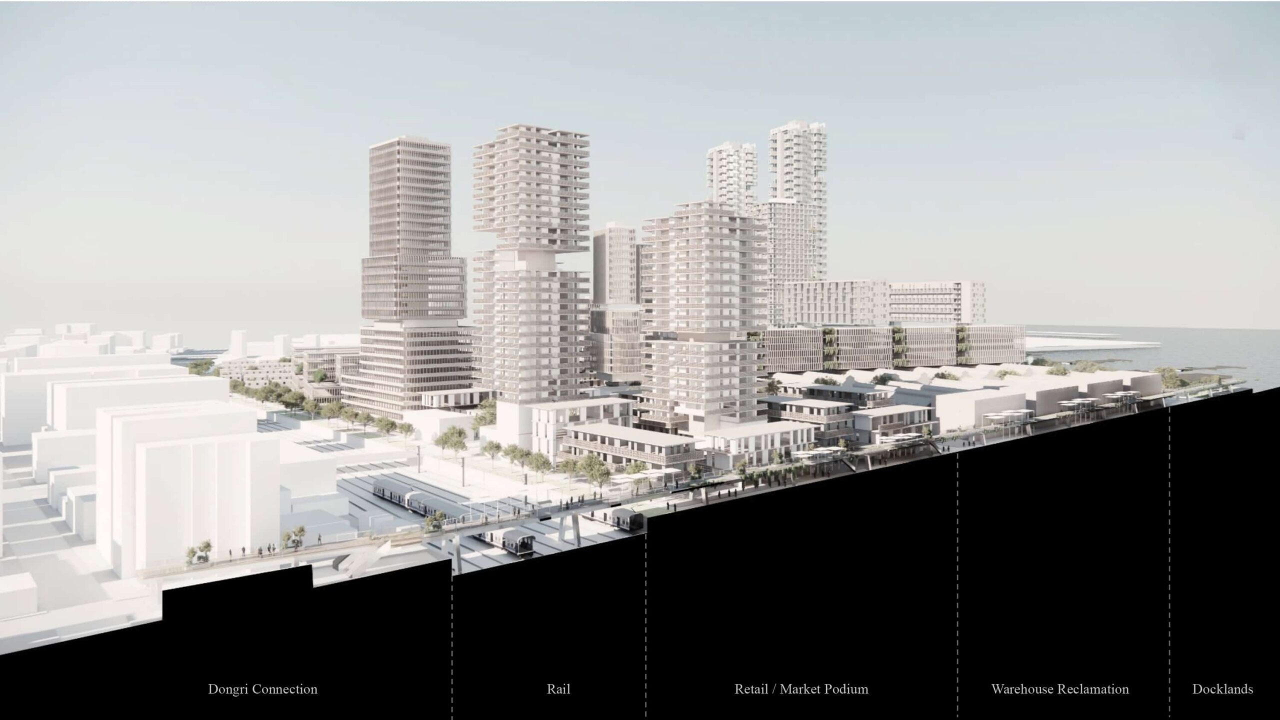 A conceptual 3D rendering of a mixed-use urban development with modern high-rise buildings. The image features labeled sections for "Desert Connection," "Rail," "Retail/Market Podium," "Warehouse Reclamation," and "Docklands," indicating different areas of the project. The design shows a blend of residential, retail, and transportation spaces.