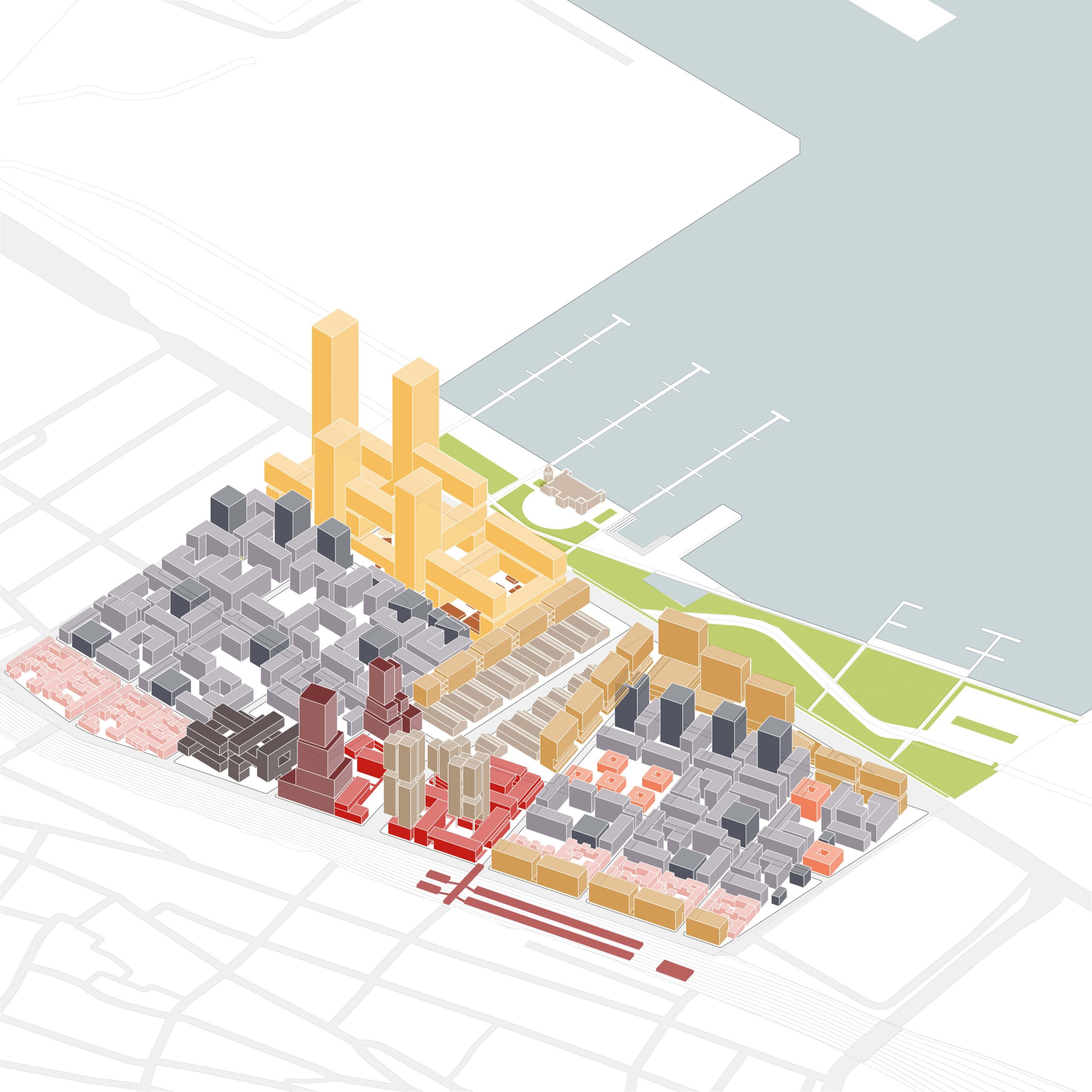 Isometric illustration of a cityscape with various colored buildings, including tall yellow buildings near a body of water and a marina. Green park areas are visible near the waterfront.