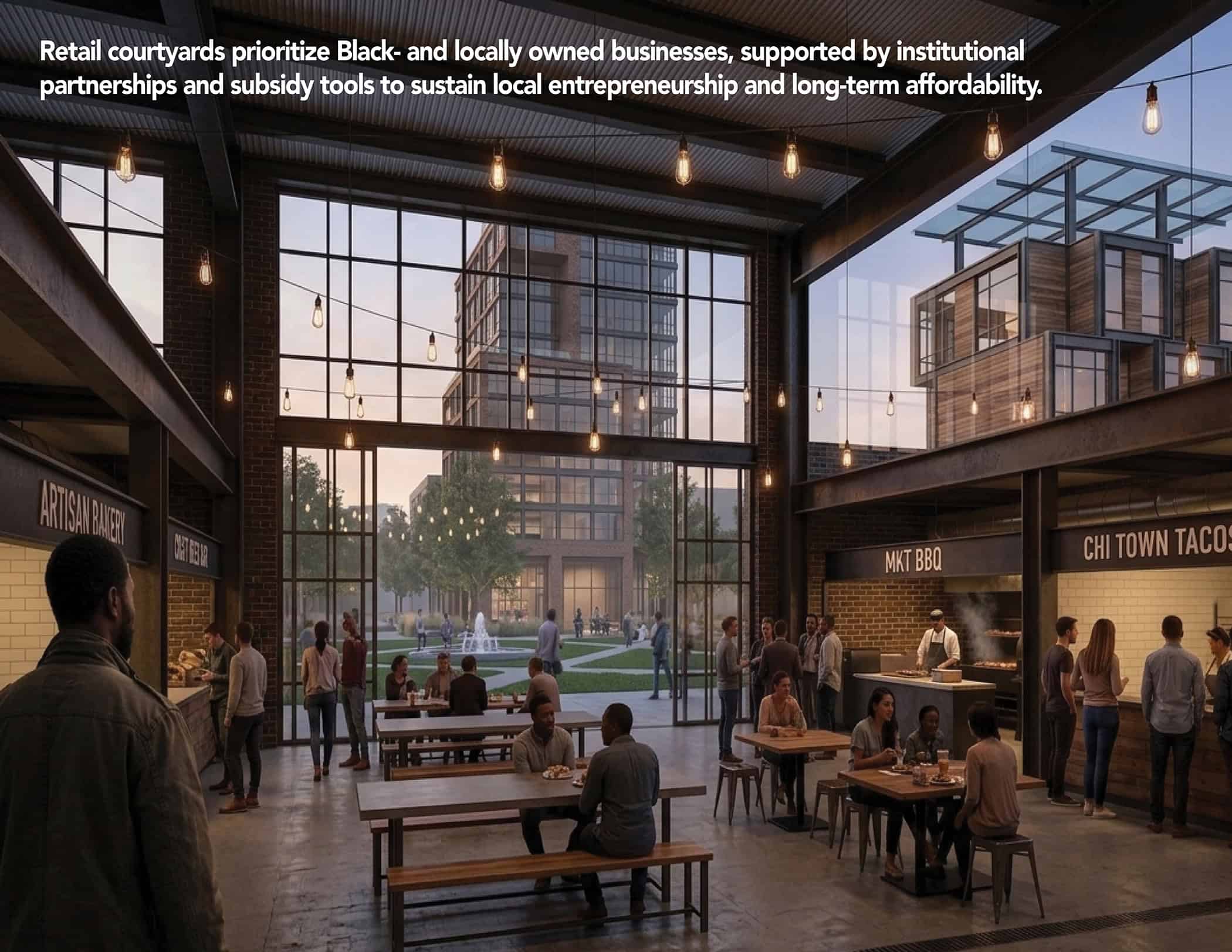 This image shows a bustling indoor marketplace with large windows, allowing a view of modern buildings outside. Inside, people sit and stand around communal tables, engaging with various food vendors, including "MKT BBQ" and "Chi-Town Taco." The setting is lively, with string lights and a warm atmosphere. Text above emphasizes support for Black and locally owned businesses through institutional partnerships.