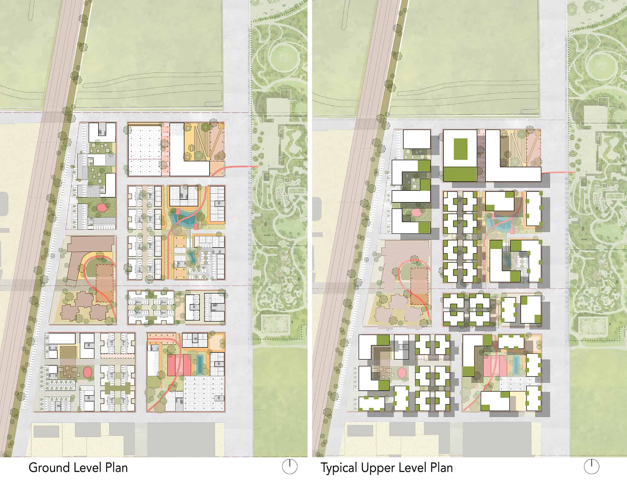 A side-by-side architectural plan is displayed. The left side shows the ground level with various labeled zones, pathways, and greenery. The right side depicts a typical upper level with geometric building arrangements and green spaces. Both plans illustrate a well-organized layout, incorporating natural elements.