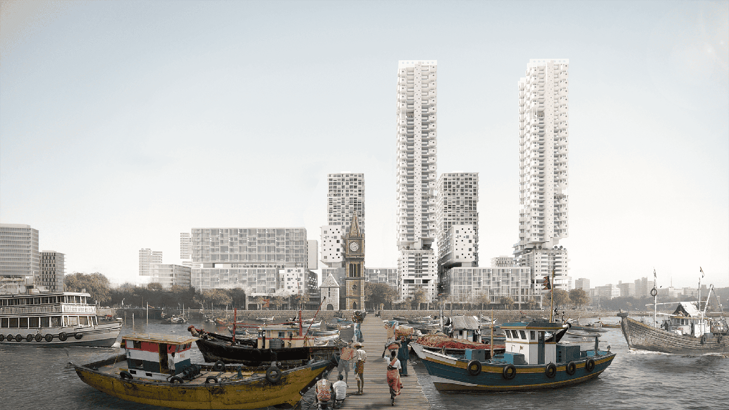 A bustling waterfront scene with various boats docked along the pier. In the background, modern high-rise buildings and a distinctive clock tower are visible. People walk along the pier, engaging with the boats and each other. The sky is clear, providing a bright backdrop to the cityscape.