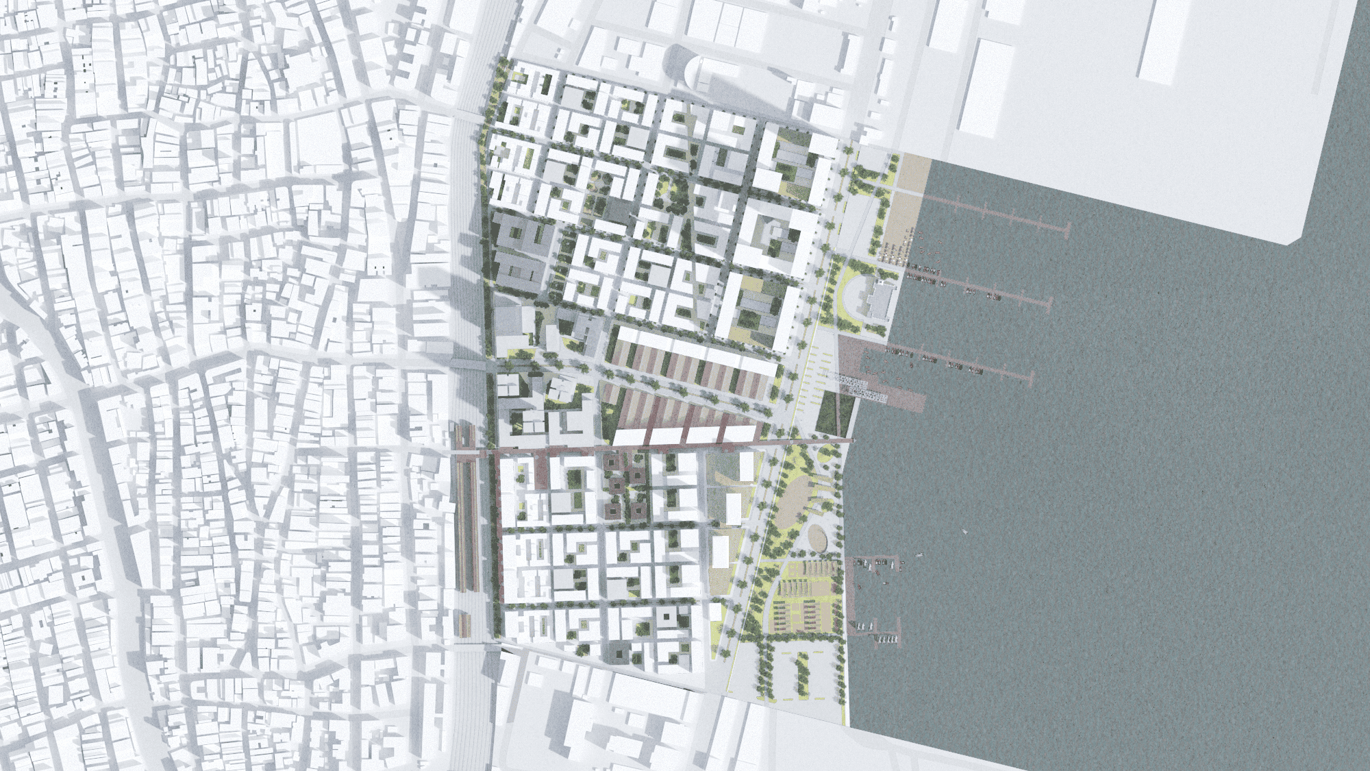 Aerial view of an urban development plan featuring a grid layout next to a waterfront. The area is populated with green spaces, pathways, and docks extending into the water. Residential and commercial structures are interspersed, creating a balanced cityscape design.