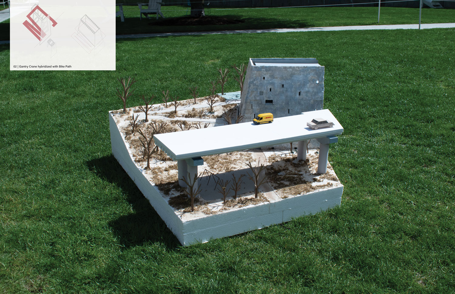 Model outside in the grass with red diagram in the corner.