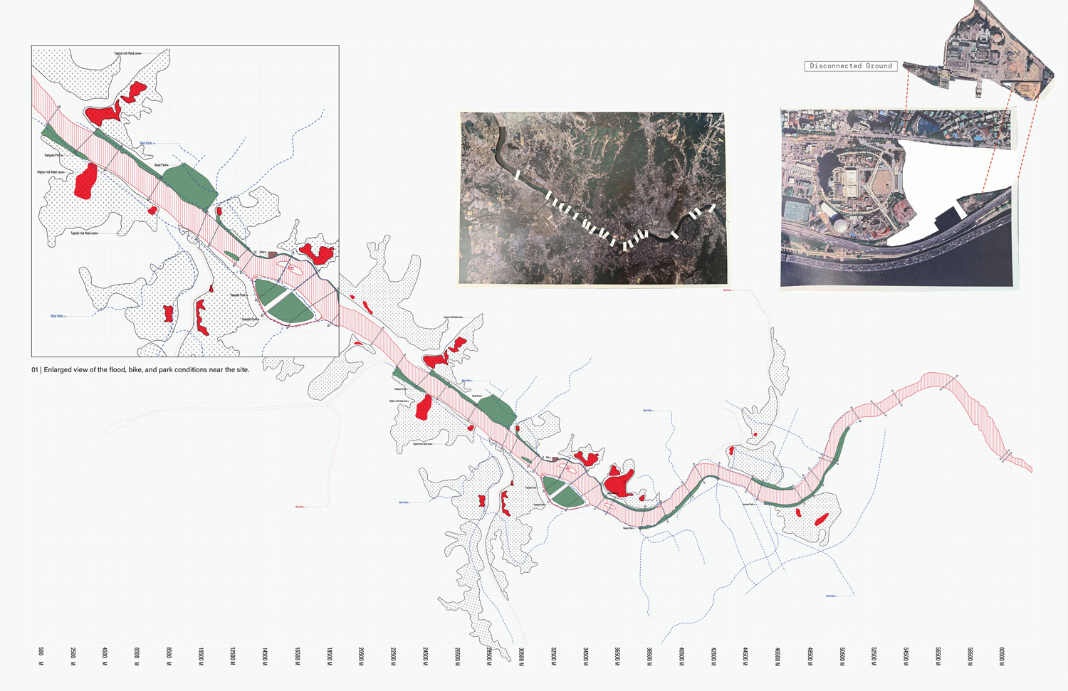 Green, red, and white map. showing river path.