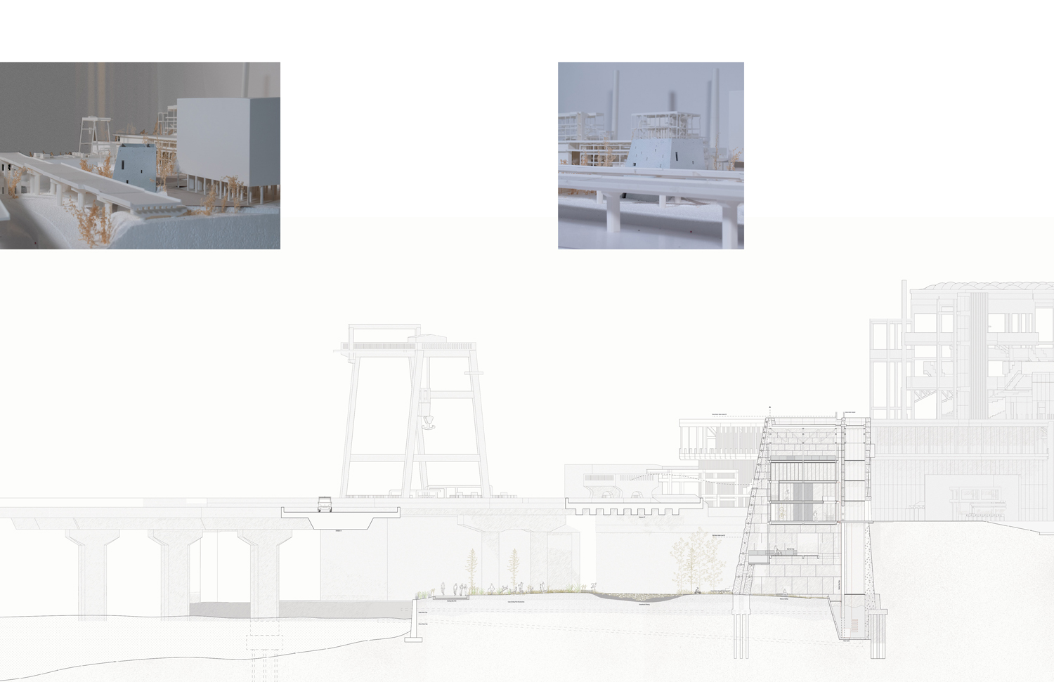 Line drawing section of bridge and building.