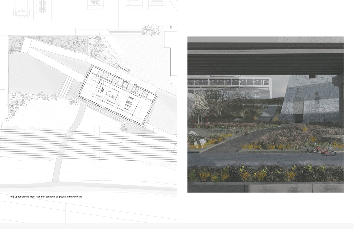 A ground plan and a color rendering of an underpass.