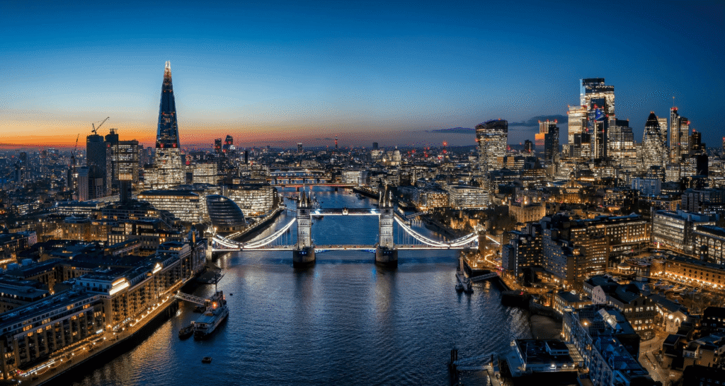 Skyline view of London, England at sunset.