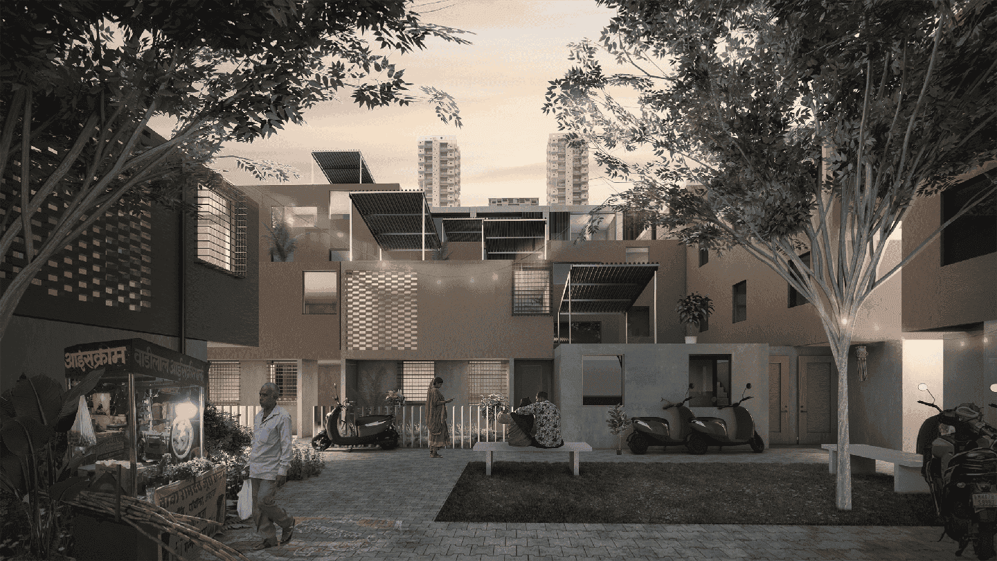 A multistory building with a courtyard.