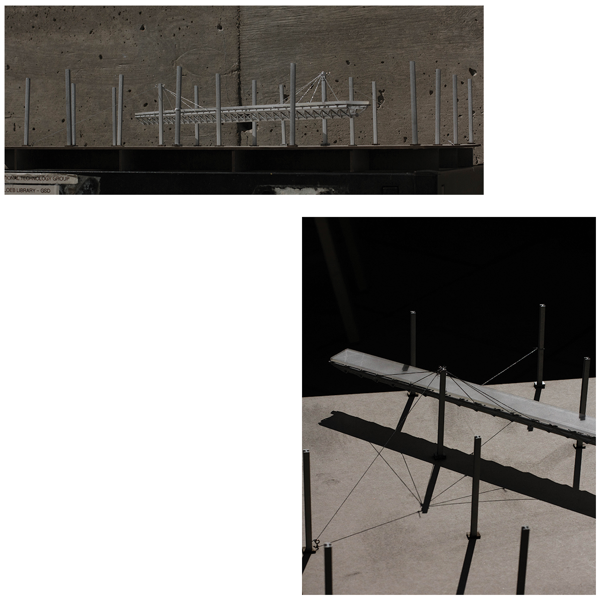 Model photos from the Catwalk Overpass, a suspension bridge designed to hang from former factory I-beams, providing a link between the Campau Cut and the surrounding Sacral Circuit