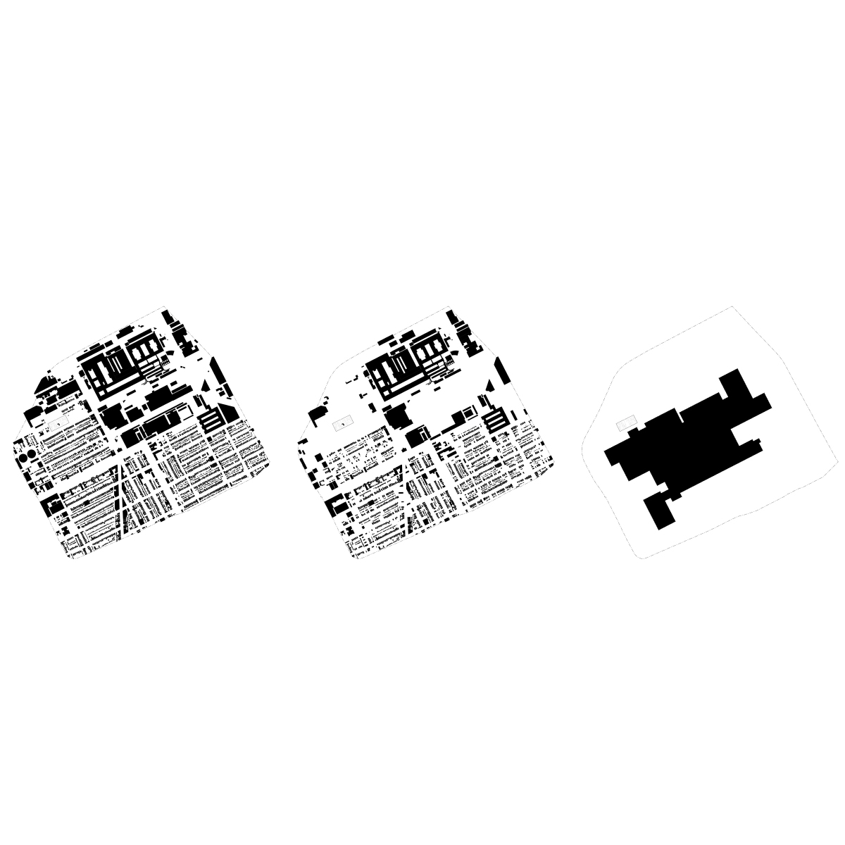 Figure-ground diagrams of the 450-acre Poletown site, showing the neighborhood in 1950 at its peak, in 1980 prior to the wholescale demolition of the neighborhood, and in 2025 as GM’s Factory ZERO.