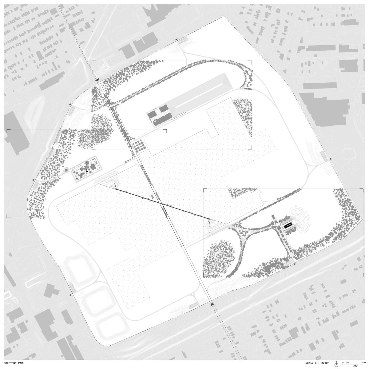 Site plan for Poletown Park, illustrating the Campau Cut and select portions of the Sacral Circuit focused on the archipelago sites: cemetery, plaza, and grotto.