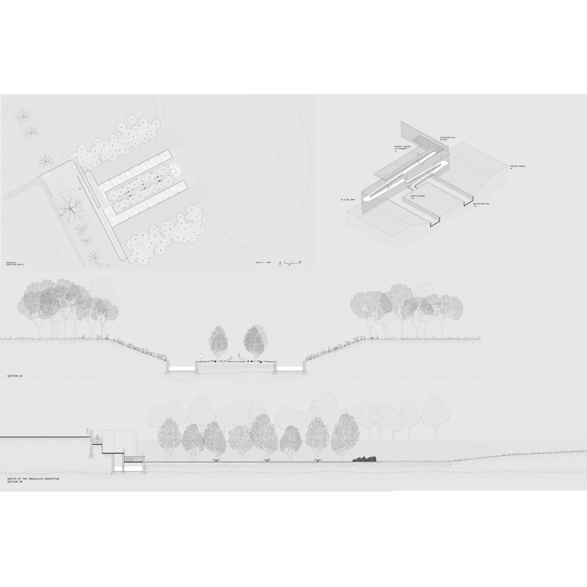 Plan, section, and detail drawing of the Immaculate Conception Grotto, designed as a memorial on the site of the former Immaculate Conception Church.