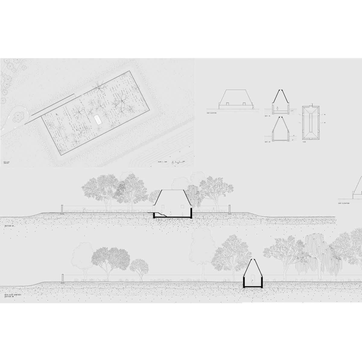 Plan, section, and detail drawing of the Main Plaza. ‘The Main’ Plaza, located on the former site of Dodge Main Assembly Plant Building 1, designed by Albert Kahn in 1910 for the Dodge Brothers historic Dodge Main Assembly Plant.