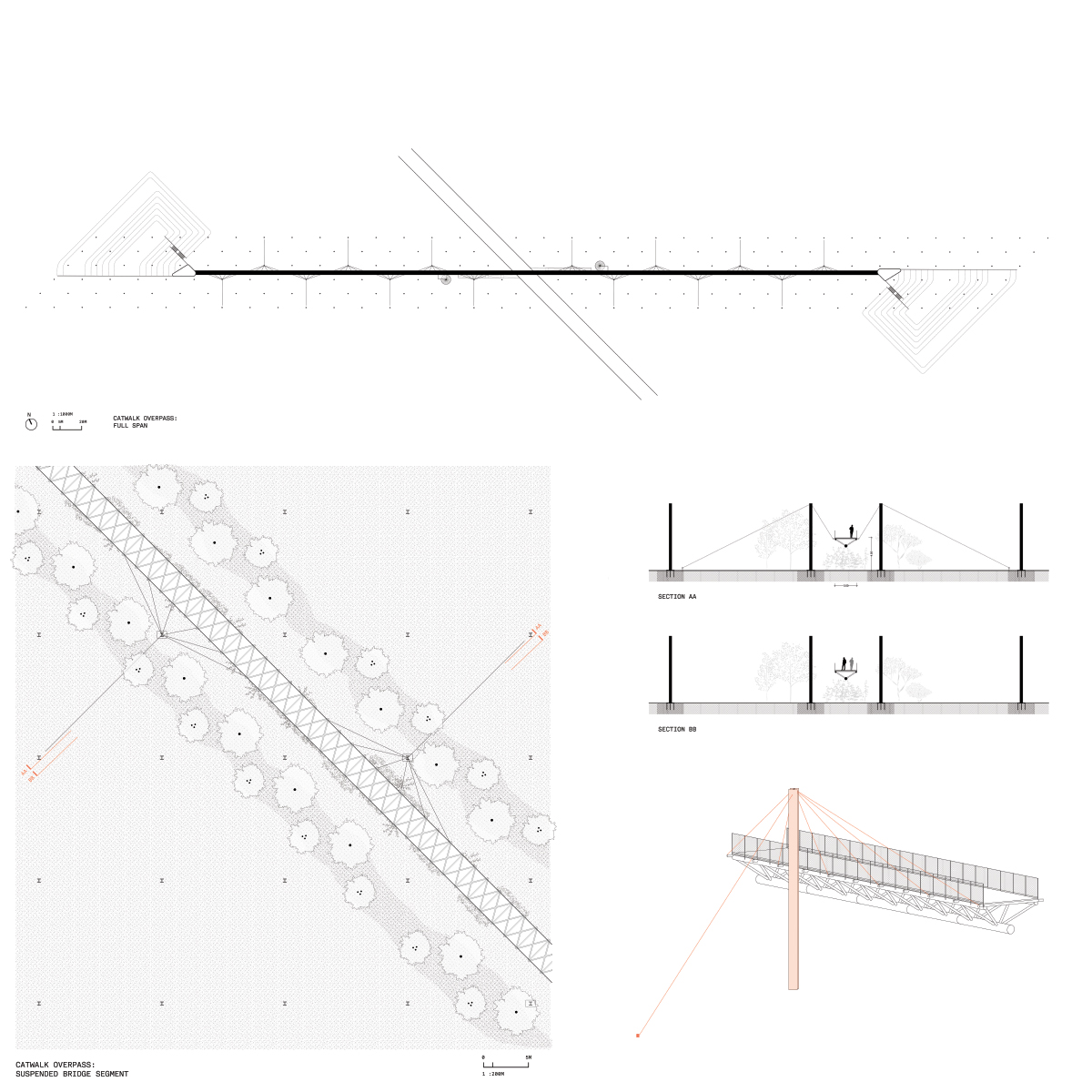 Catwalk segment plan, with sections illustrating cable connections and tie-back.