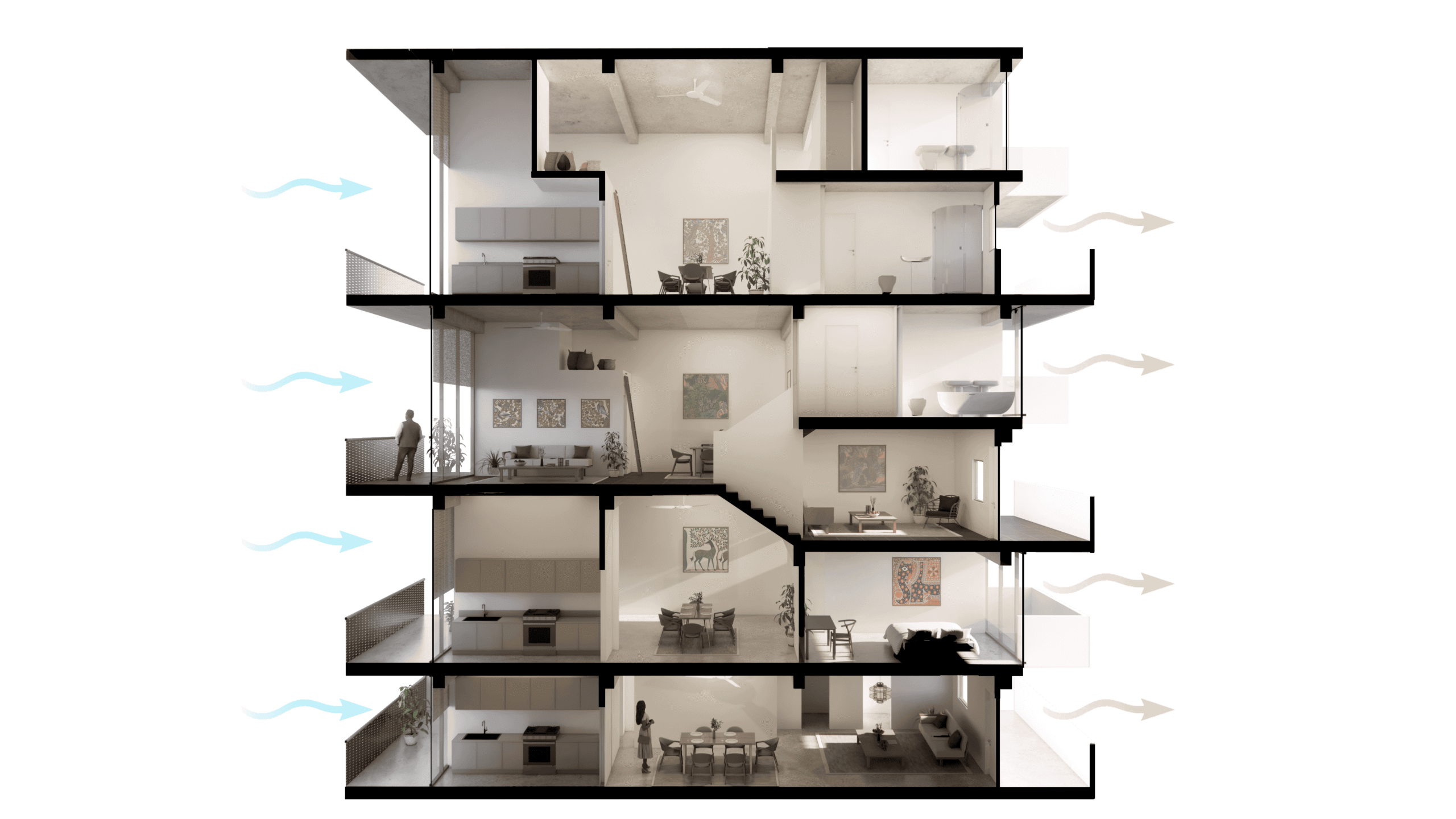 A cross-section view of a modern multi-story building shows various floors with different room layouts. Some rooms contain furniture, artwork on walls, and decorative plants. Arrows along the building indicate air flow, showcasing ventilation.