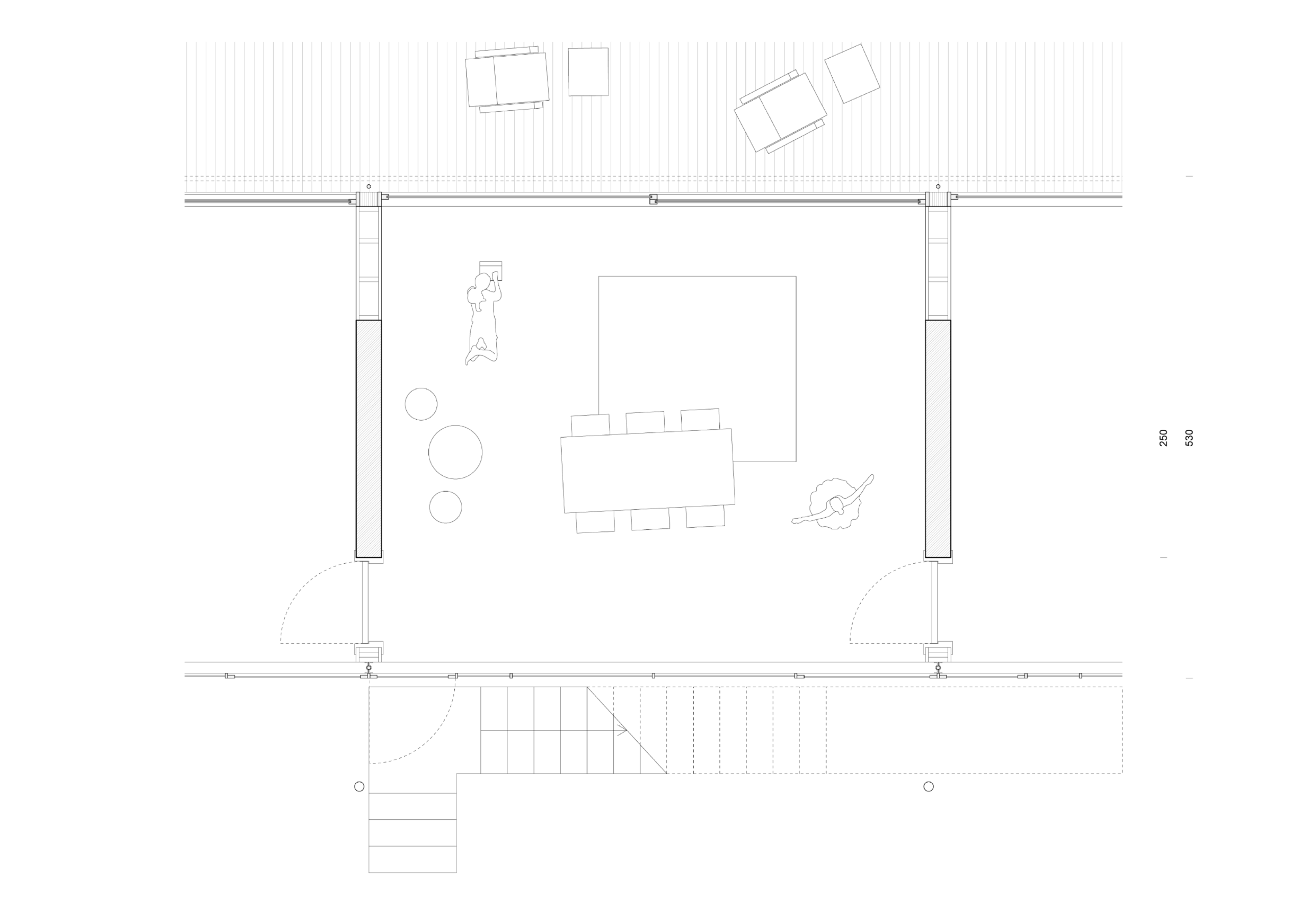 A black and white architectural floor plan of a rectangular room. The room includes a central dining table surrounded by chairs, a sofa on the top side, and a circular chair near the bottom right corner. There are steps leading up to the room from the lower side, and two entrances on either side of the bottom wall.