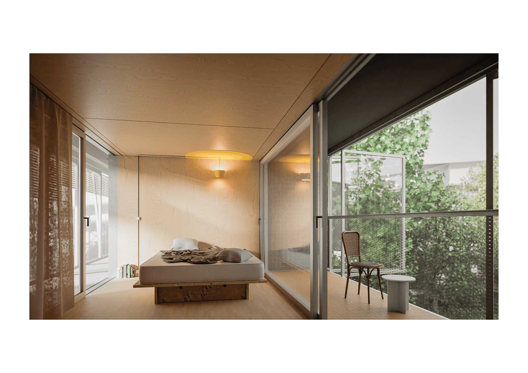 A minimalist bedroom with large windows showing green foliage outside. The room features a wooden bed with a neatly arranged blanket and pillow. A chair and small table are near the window. Warm lighting casts a cozy ambiance.