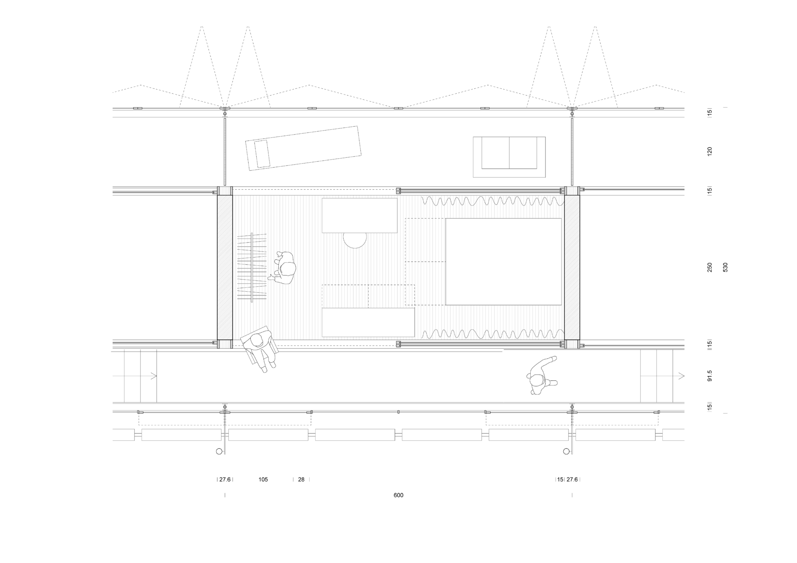 This is an architectural floor plan of a rectangular room. It features a central area with tables, seating, and rugs arranged in a symmetrical pattern. Along the top and bottom are two corridors, with small figures depicted in the lower corridor.