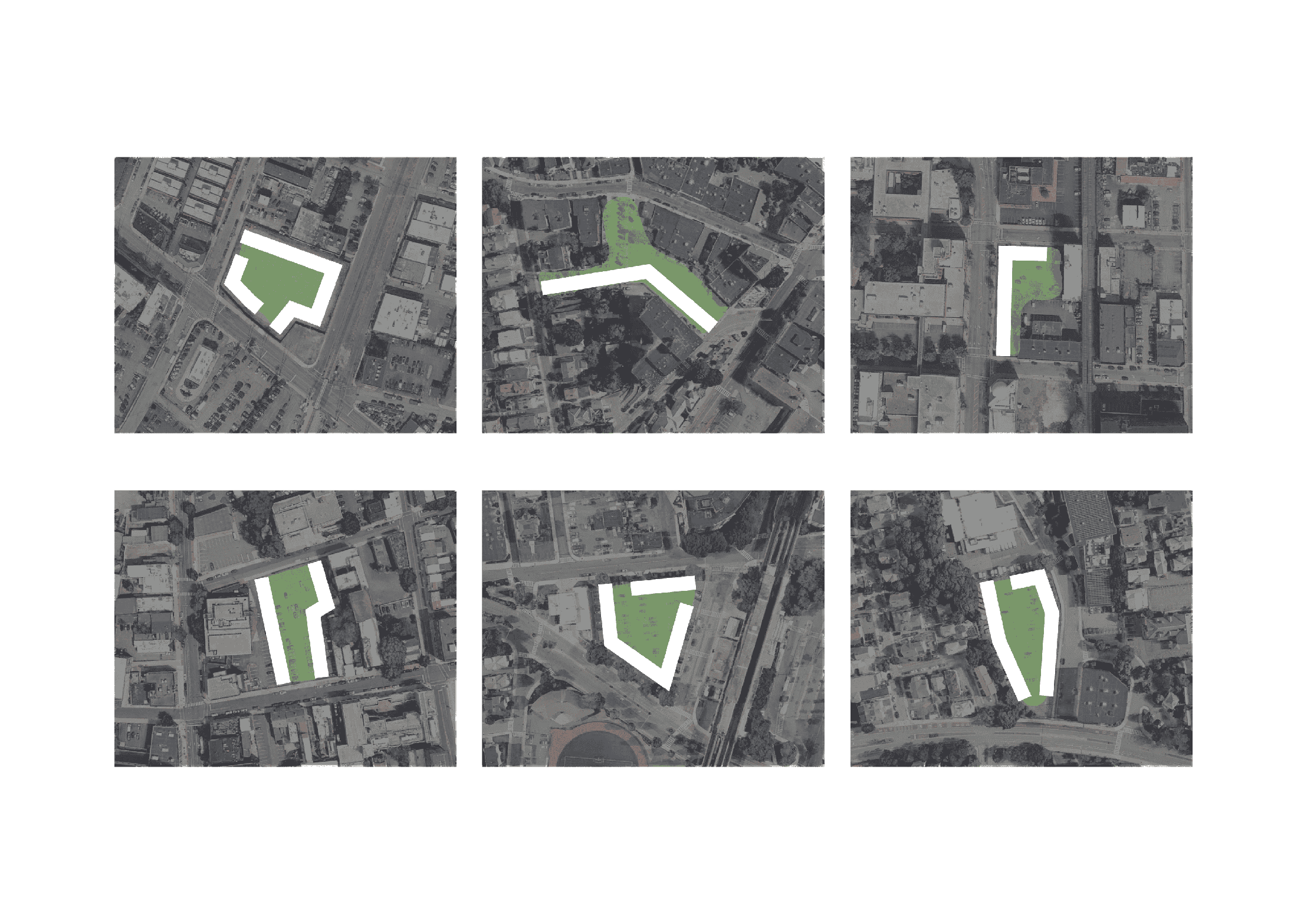 Six aerial views of urban areas with highlighted green spaces. Each image displays different plots of land in various shapes, embedded in city environments. The green areas are prominently marked, showcasing potential development or park spaces.