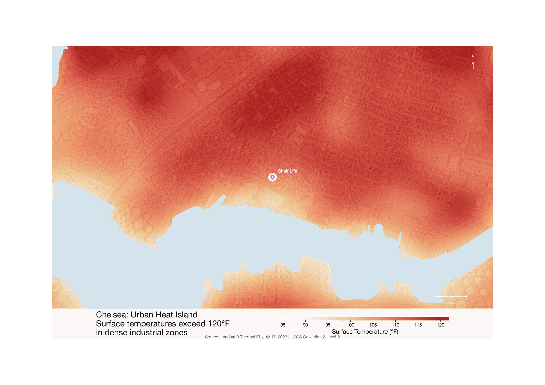 Map displaying urban heat conditions in Chelsea, indicating areas where surface temperatures exceed 120°F, particularly in dense industrial zones. The map is shaded in various intensities of red, with a temperature scale ranging from 85°F to 130°F.