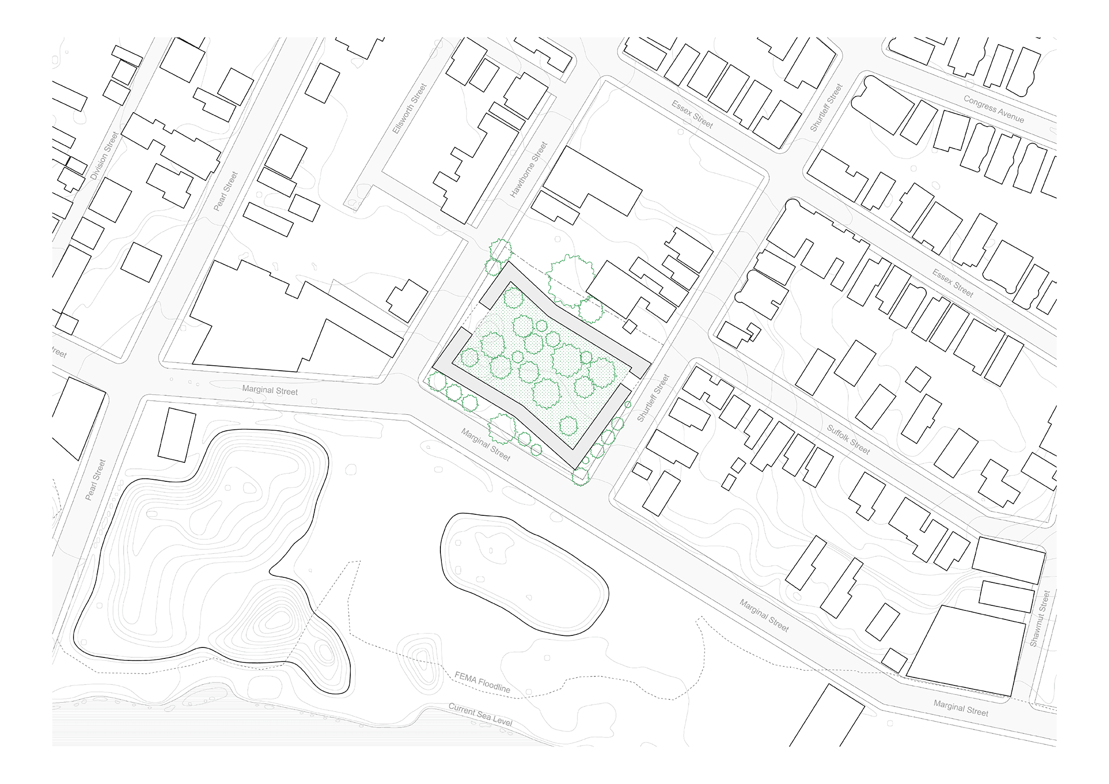A detailed architectural site plan featuring a grid of streets and buildings. There's a central highlighted area containing numerous circular shapes, likely representing trees or vegetation. The plan includes labeled streets such as Marjorie Street and Fletcher Street, with contour lines suggesting elevation changes.