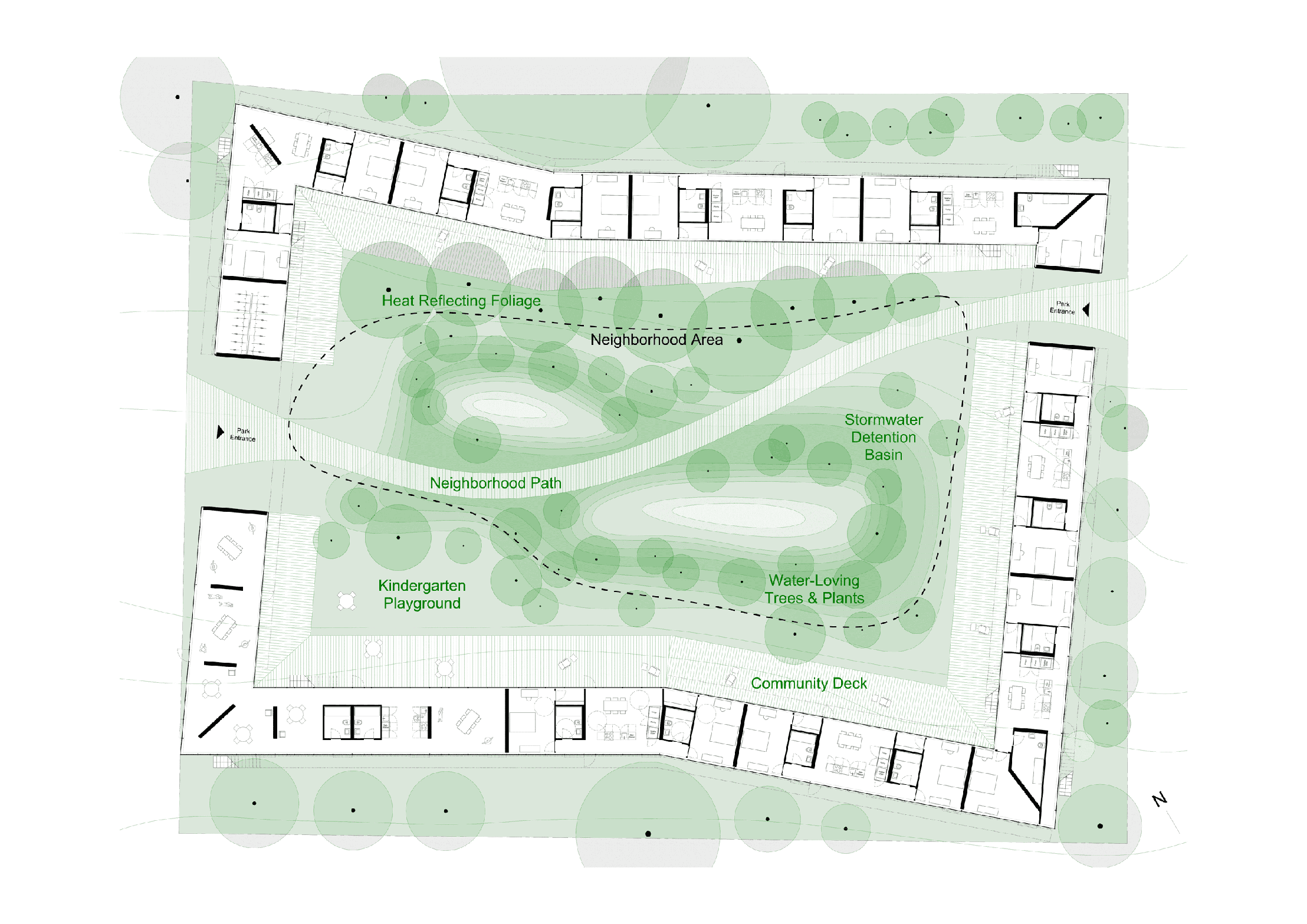This is an architectural site plan of a neighborhood area. It includes labeled elements such as a heat-reflecting foliage zone, a stormwater detention basin, a community deck, and a kindergarten playground. There are paths winding through the neighborhood, which is surrounded by various buildings and green areas.