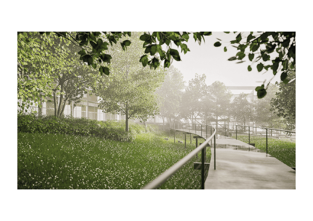 A serene outdoor scene featuring a curving path with metal railings, surrounded by lush green grass and trees. In the background, part of the Apple Park campus is visible through the mist and foliage.