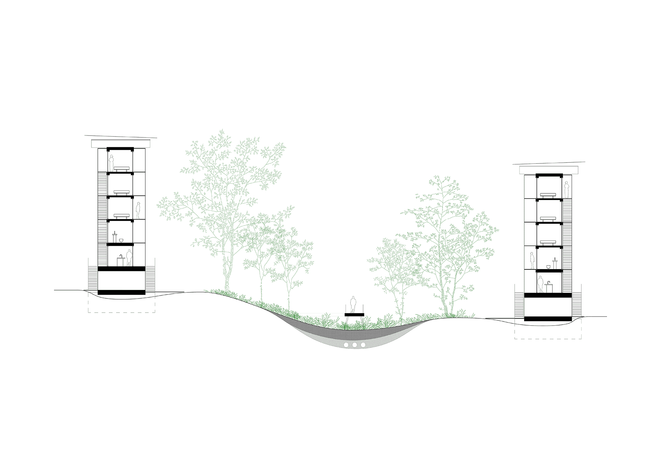 A cross-section architectural drawing shows two multi-story buildings on either side with a landscaped area in between. Trees and a pathway connect the buildings, creating a seamless integration with nature.