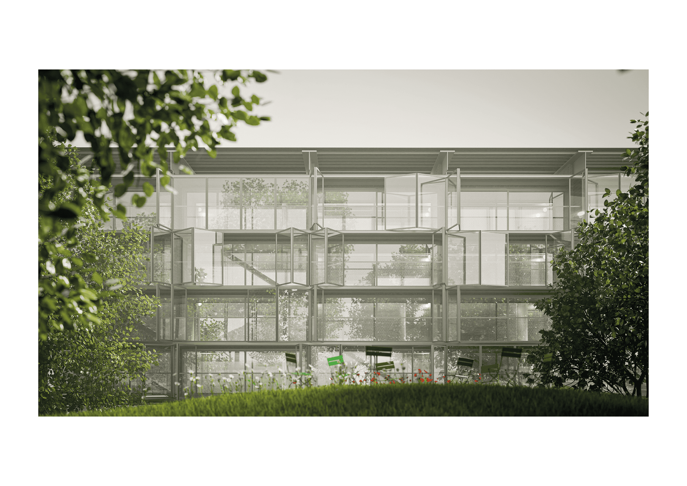 A modern, multi-story building with glass walls and open spaces, surrounded by greenery. Some chairs and tables are visible inside, suggesting it could be an office or communal area. The setting is lush and serene.