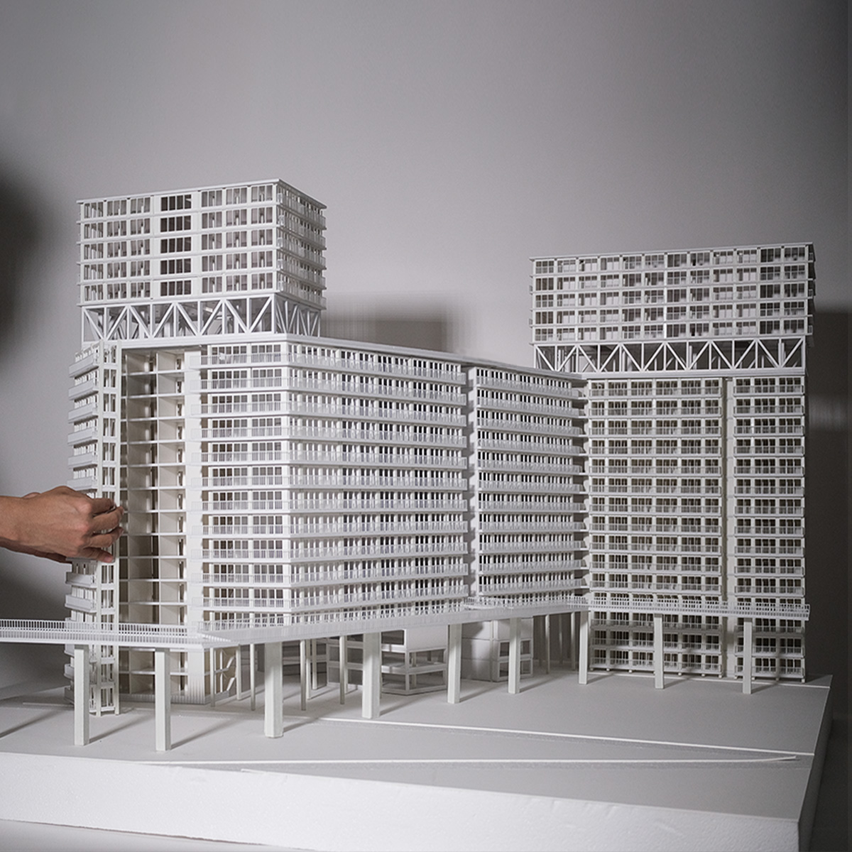 Tall model of apartment complex.