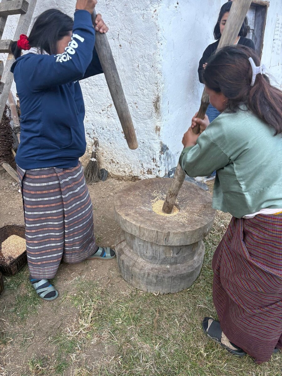 Two women using a wooden mortar and pestle to pound grain
