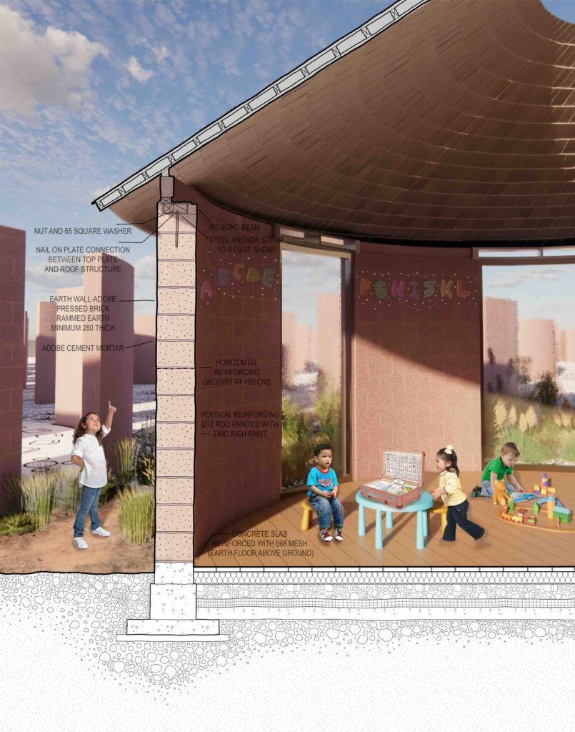 rendering of two children near adobe school