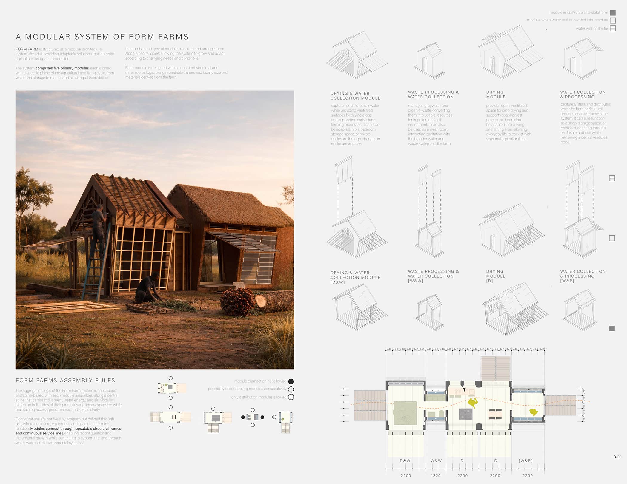 A rural landscape featuring a rustic farm structure with wooden framework partially completed. Surrounding the structure is open grassland and scattered trees. The right side of the image contains architectural diagrams and illustrations depicting a modular system of form farms, including schematic designs and assembly rules. The text is technical, outlining the construction process and features of the building system.