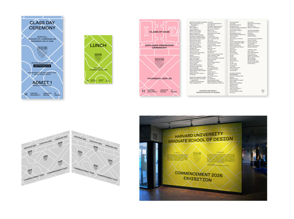 A collection of images of printed items including tickets, pamphlets and banners featuring the GSD Commencement 2026 visual identity. 