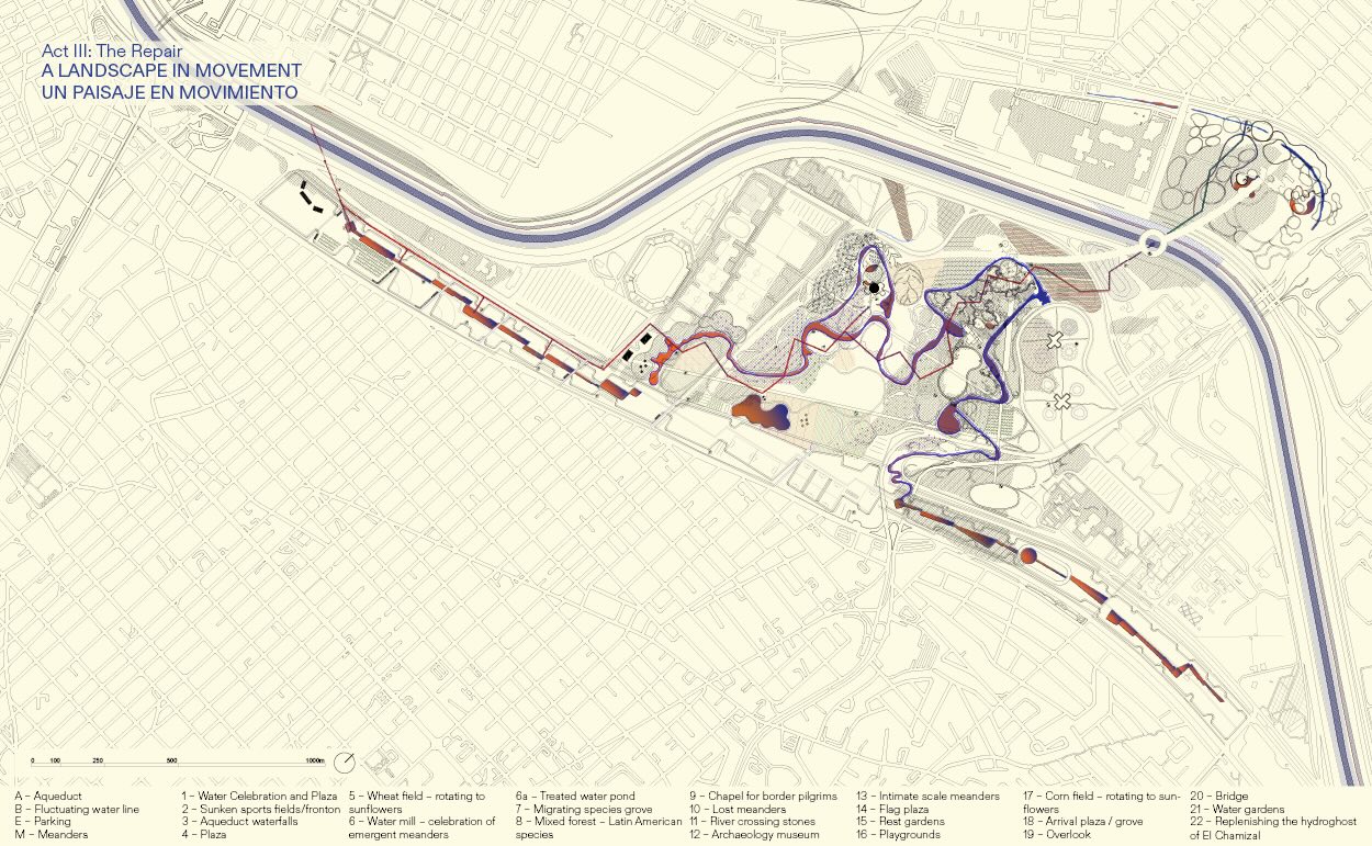 Site plan of El Chamizal, introducing a landscape in movement: a miniaturized meander is reintroduced to the site in a fluid form, while a straightened aqueduct traverses it, representing the politicized form of water.