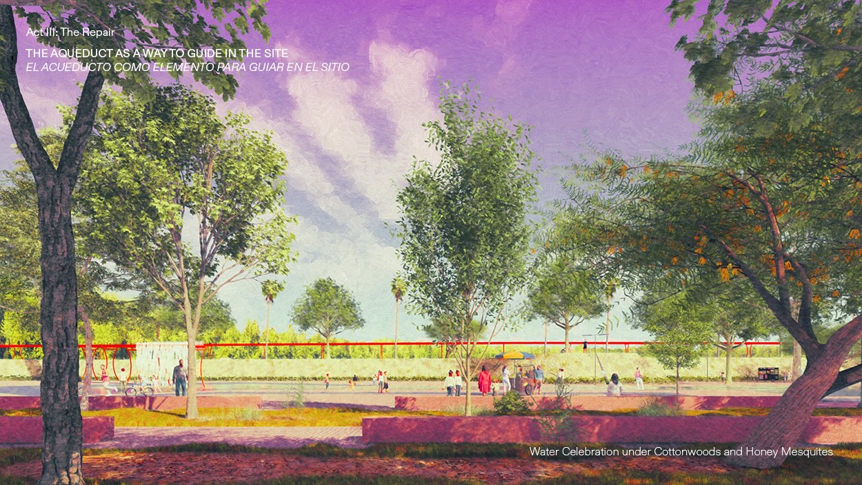 View from the tree-covered plaza with concrete benches, overlooking the water body. In the background, the aqueduct is visible, directing flow toward the site.