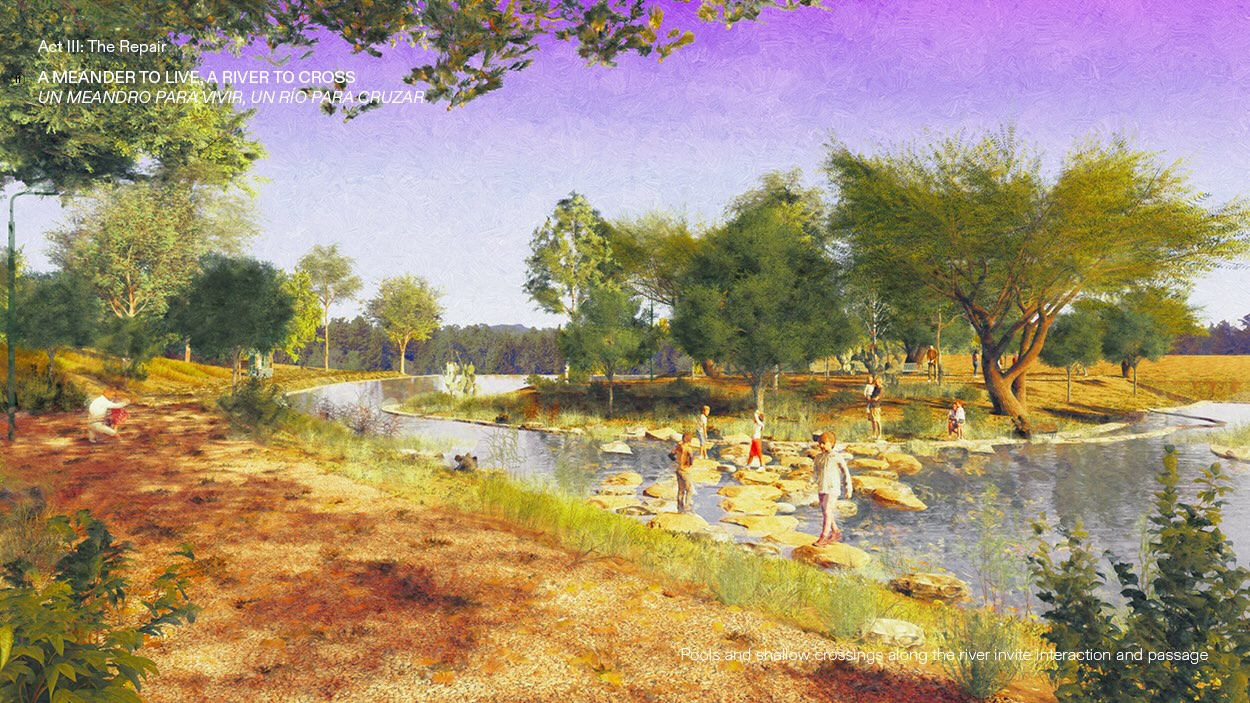 A meandering water body is crossed by five children.