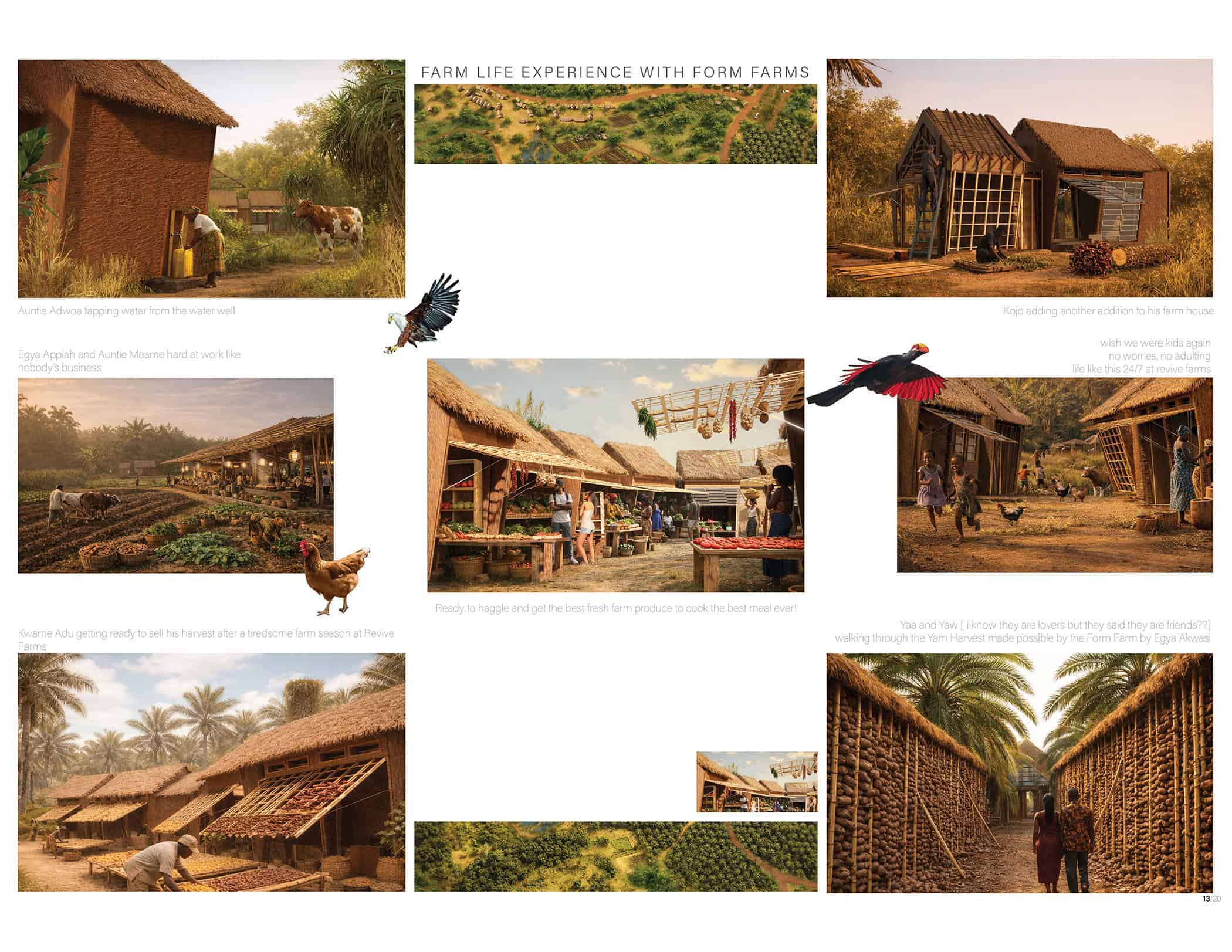 An illustrated scene of a farm village depicting various activities. There are thatched huts, lush greenery, chickens, and people engaging in daily tasks. Notable structures include a new addition to a home's front yard. Birds fly overhead, and the setting suggests a community working harmoniously in a rural landscape. Text highlights "Farm Life Experience with Form Farms."
