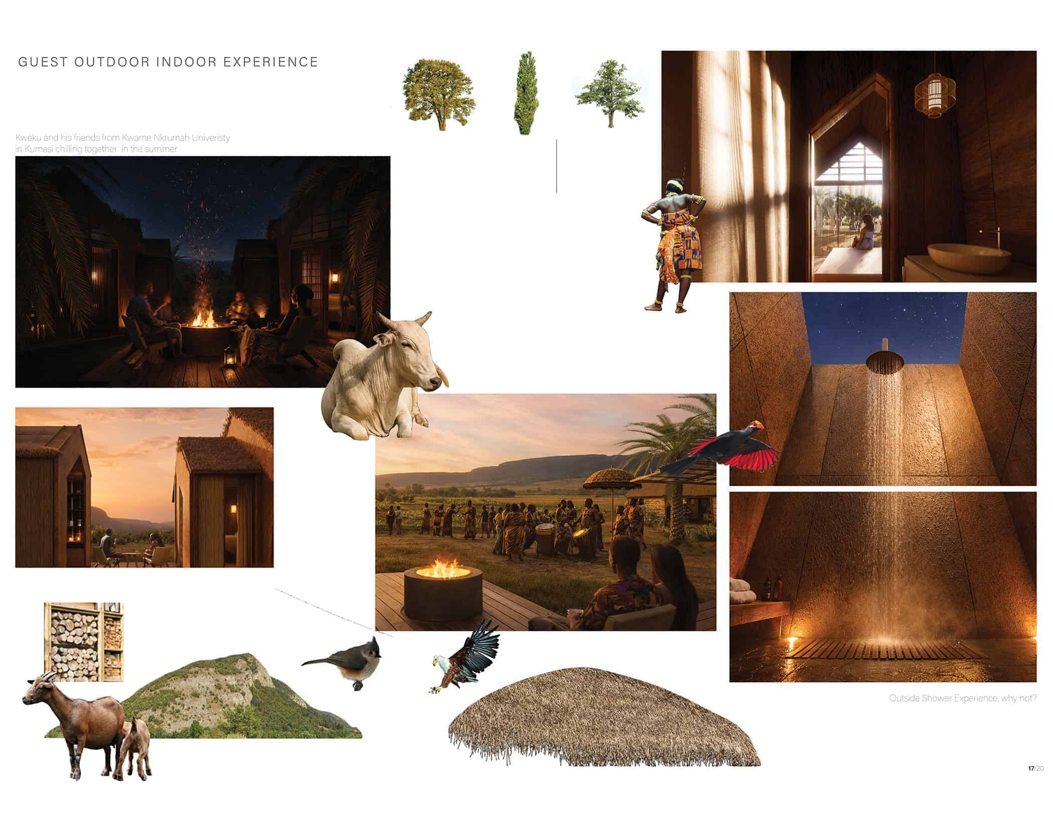 This image showcases a collage of various elements emphasizing an outdoor indoor experience. There are nighttime desert scenes with tents, a starry sky, and people gathered around a fire pit, similar to Amanruya and Nerman Museum. There are also large trees, a rustic shower setting, and several goats. A scenic landscape backdrop features grasslands and a grazing cow. Various smaller elements include a person in traditional attire, wildlife such as a goat and a bird, and a thatched roof structure.