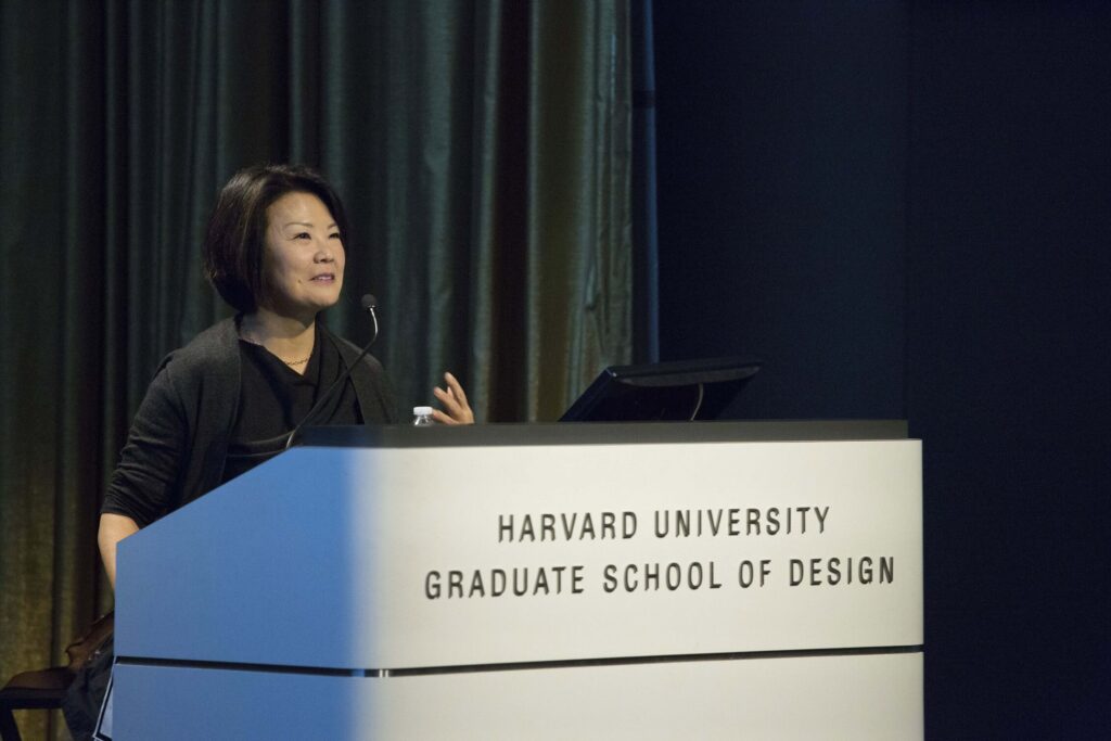 Toshiko Mori speaking at the Harvard Graduate School of Design.