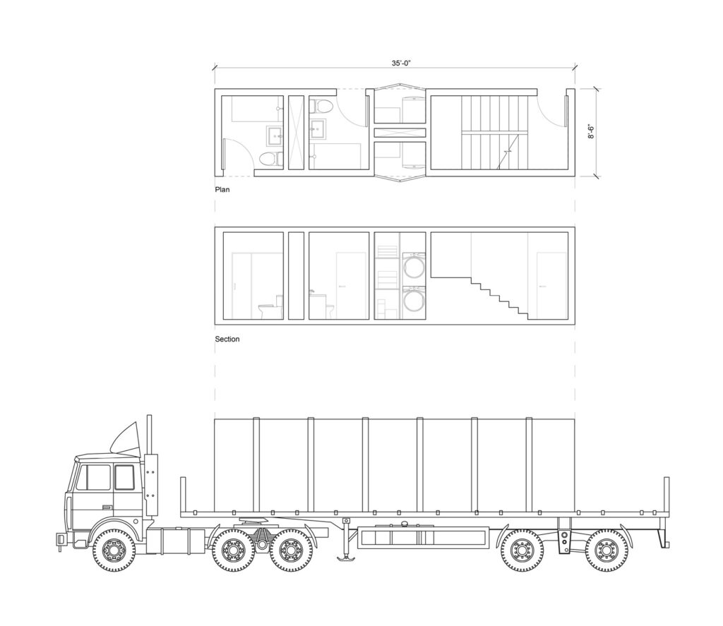 Plan, section, and a truck carrying cargo.