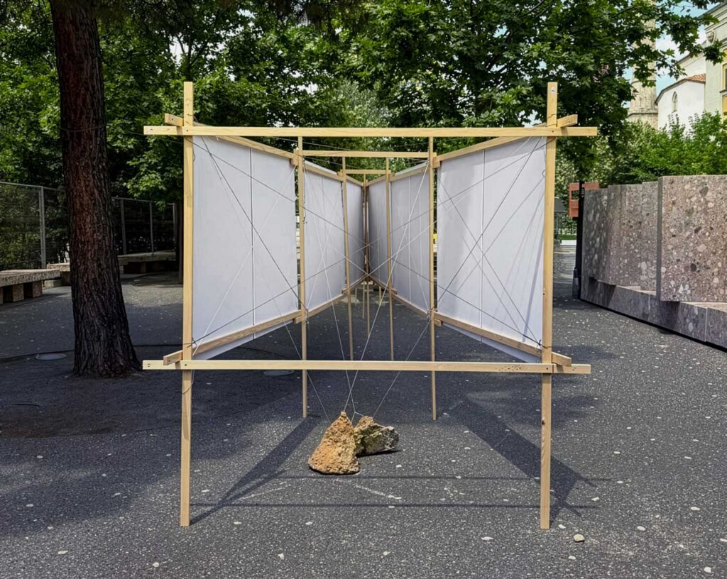 Wooden structure of exhibition boards outside.