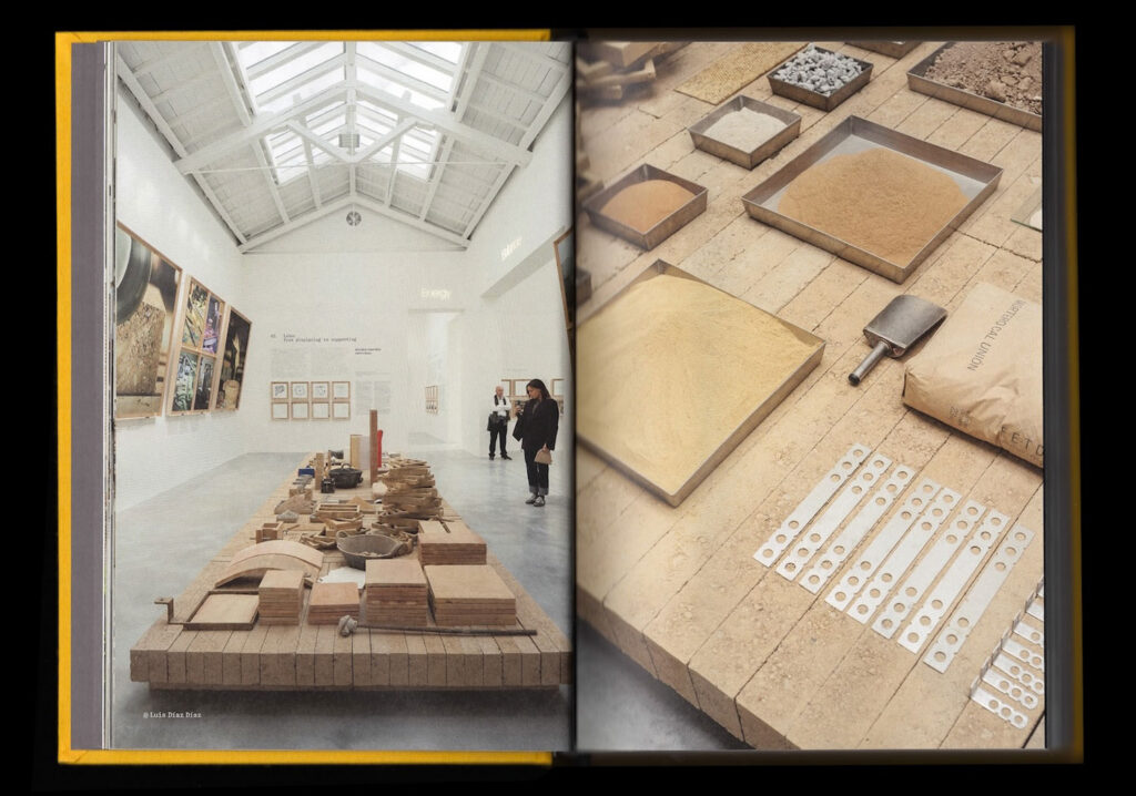 Images of exhibition in a white room with skylight.