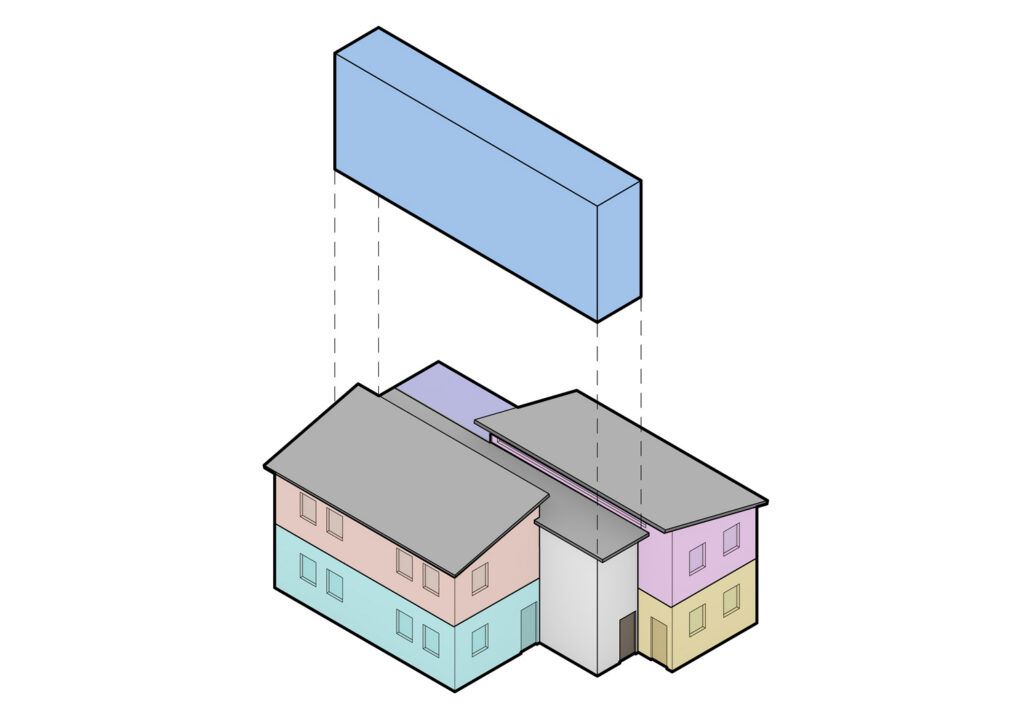 Blue rectangle being inserted into colored blocks.